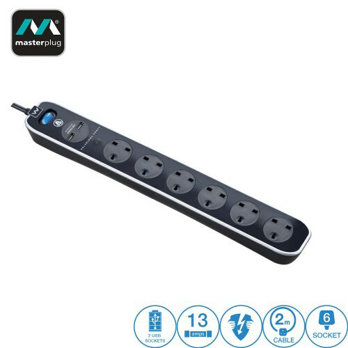 Nexus Masterplug 6 Gang Extension + 2 3.1 USB, 2M, Black (SRGLSU62PB)